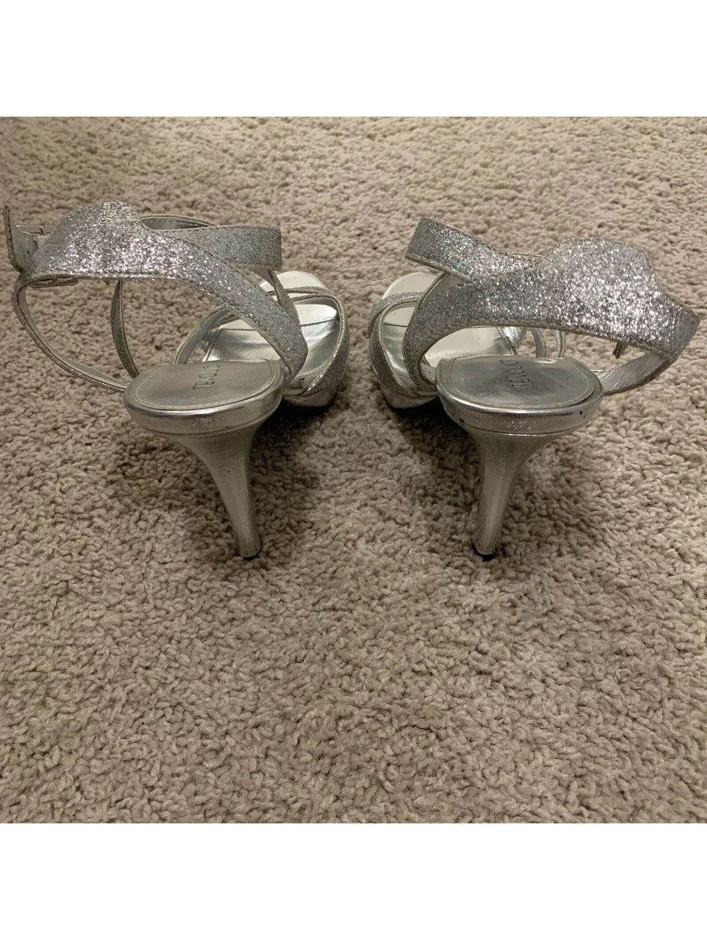 Women’s Tevolio High Heels Silver Sparkle Open Toe Ankle Strap Shoes Size 5.5